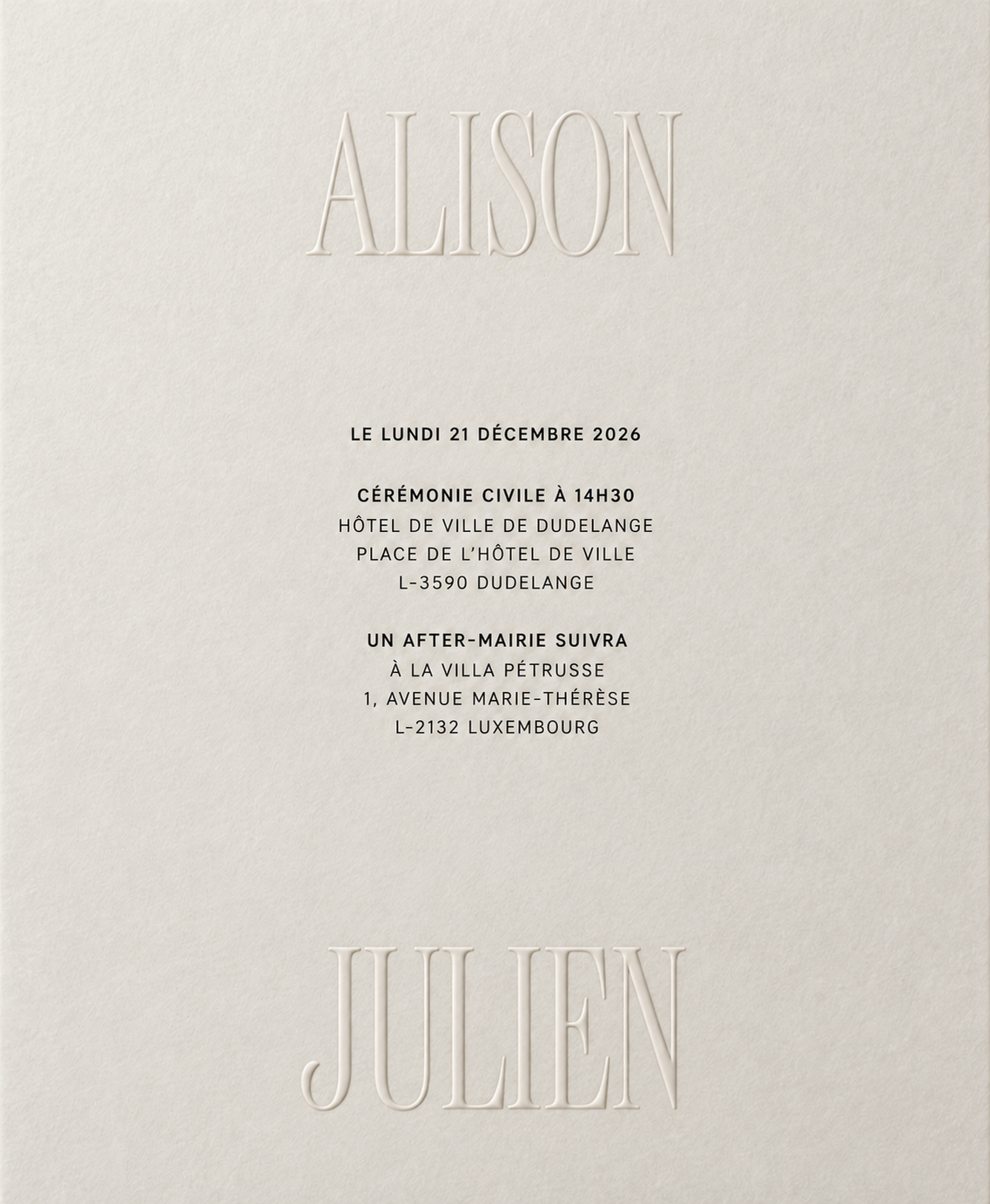 Page 2. Alison en haut et Julien en bas, en lettres en relief sur papier ivoire. Le programme de la journée, transcrit ci-dessous.